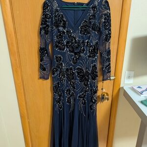 Adrianna Papell Navy Beaded Long Sleeve Dress